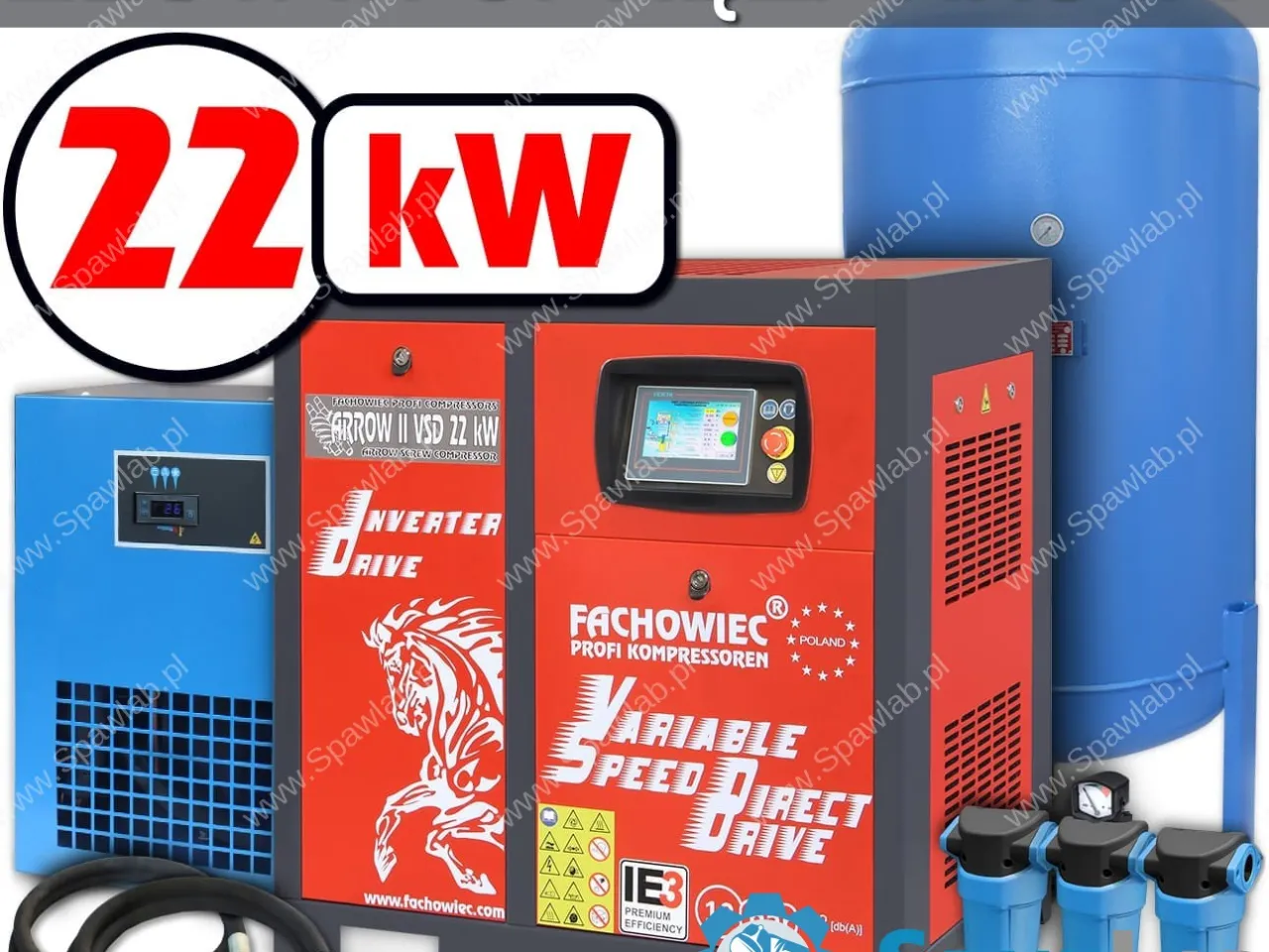 Profi Kompressoren sprężarka śrubowa VSD 22 kW 1160-3000 l/min. 10bar + zbiornik 1000l + separator + filtry P i M + osuszacz