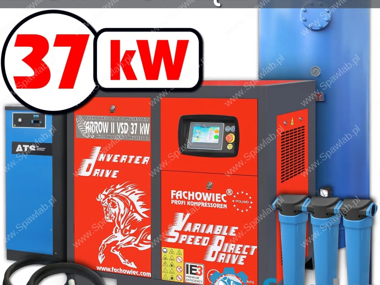 Profi Kompressoren sprężarka śrubowa VSD 37 kW 2040-5600 l/min. 10bar + zbiornik 1000l + separator + osuszacz + filtry P i M + osprzęt