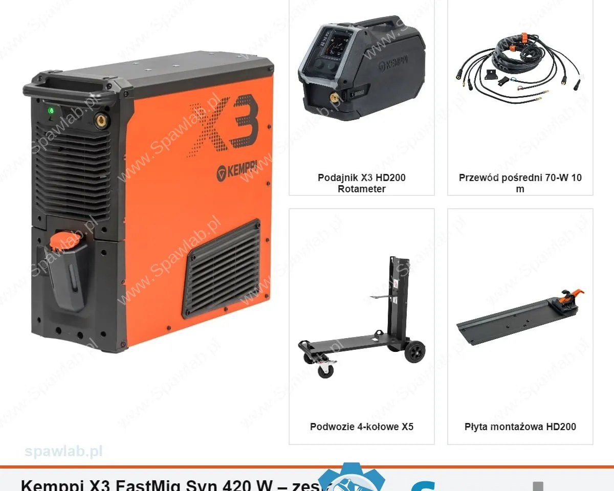 Kemppi X3 FastMig Syn 420 W, chłodzony cieczą, podajnik HD200 Rotameter, przewód 10 m