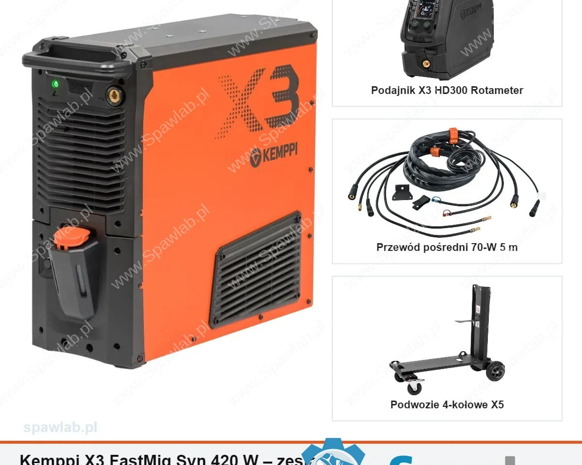 Kemppi X3 FastMig Syn 420 W, chłodzony cieczą, podajnik HD300 Rotameter, przewód 5 m
