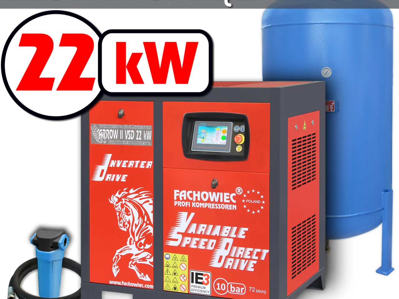 Profi Kompressoren sprężarka śrubowa VSD 22 kW 1160-3000 l/min. 10bar + zbiornik 1000l + separator + osprzęt