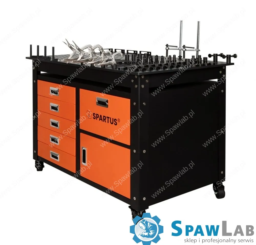 Spartus Stół spawalniczy 1200x750x820mm na kółkach, system D16, z szufladami, szafką i zestawem 62 narzędzi