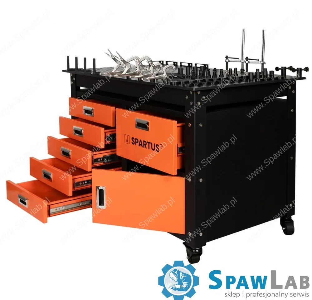 Spartus Stół spawalniczy 1200x750x820mm na kółkach, system D16, z szufladami, szafką i zestawem 62 narzędzi, zdjęcie 2