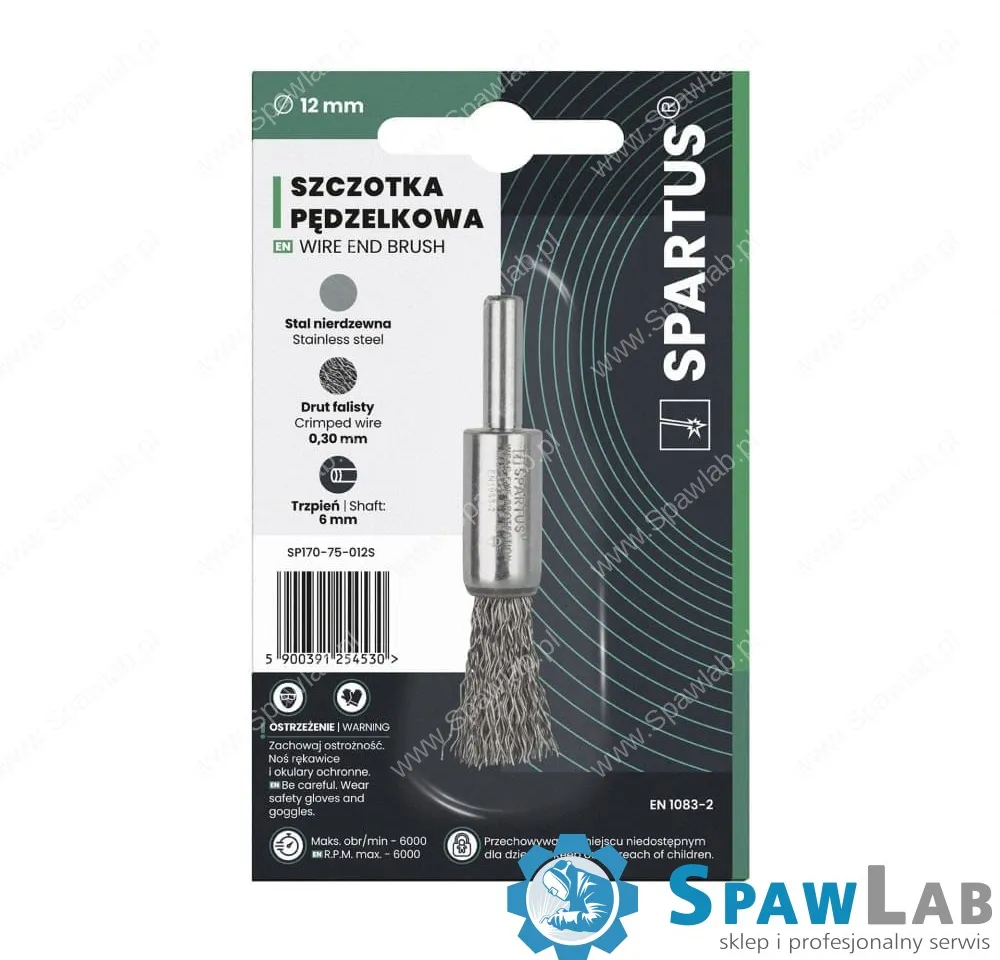 Spartus Szczotka pędzelkowa fi 12mm, drut nierdzewny falisty 0,3mm, trzpień 6mm