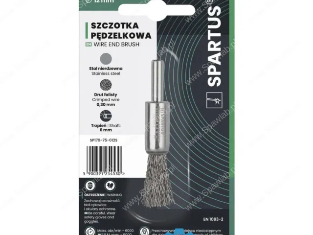 Spartus Szczotka pędzelkowa fi 12mm, drut nierdzewny falisty 0,3mm, trzpień 6mm