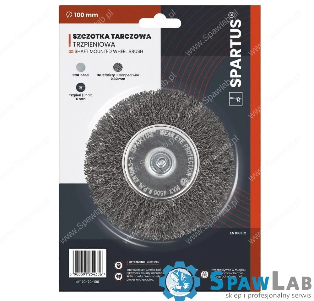 Spartus Szczotka tarczowa fi 100mm trzpieniowa, drut stalowy falisty 0,3mm, trzpień 6mm