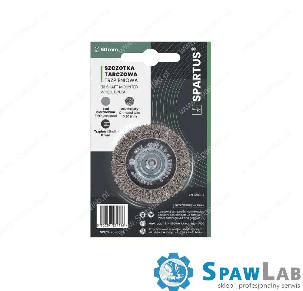 Spartus Szczotka tarczowa fi 50mm trzpieniowa, drut nierdzewny falisty 0,3mm, trzpień 6mm