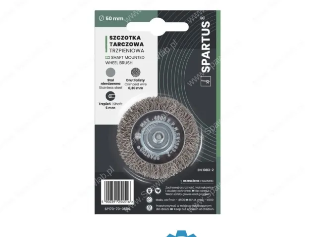 Spartus Szczotka tarczowa fi 50mm trzpieniowa, drut nierdzewny falisty 0,3mm, trzpień 6mm