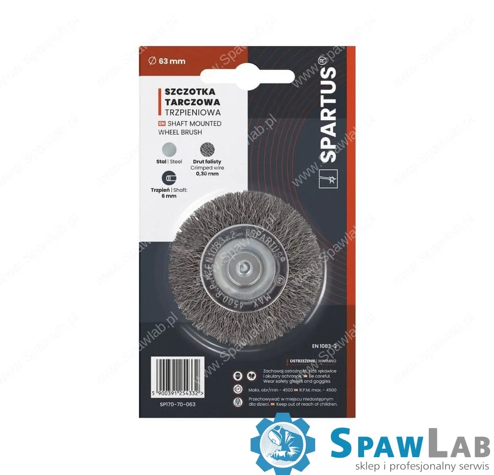 Spartus Szczotka tarczowa fi 63mm trzpieniowa, drut stalowy falisty 0,3mm, trzpień 6mm