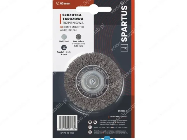 Spartus Szczotka tarczowa fi 63mm trzpieniowa, drut stalowy falisty 0,3mm, trzpień 6mm
