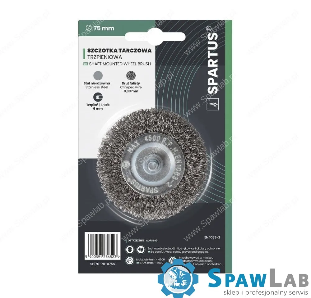 Spartus Szczotka tarczowa fi 75mm trzpieniowa, drut nierdzewny falisty 0,3mm, trzpień 6mm