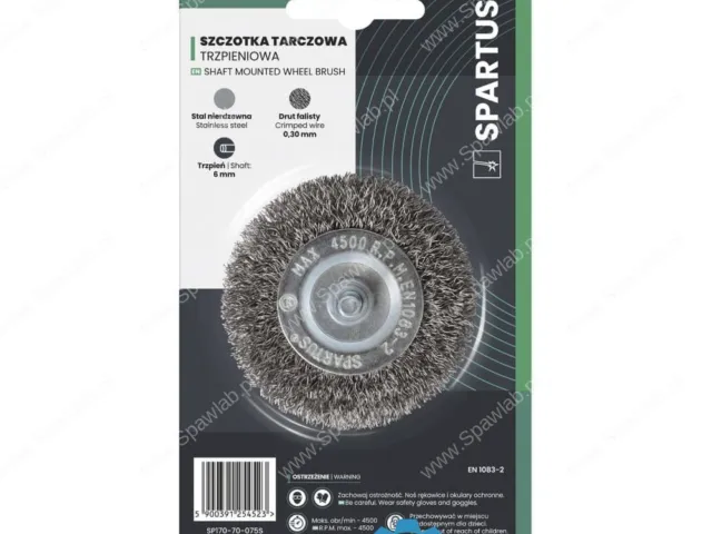 Spartus Szczotka tarczowa fi 75mm trzpieniowa, drut nierdzewny falisty 0,3mm, trzpień 6mm