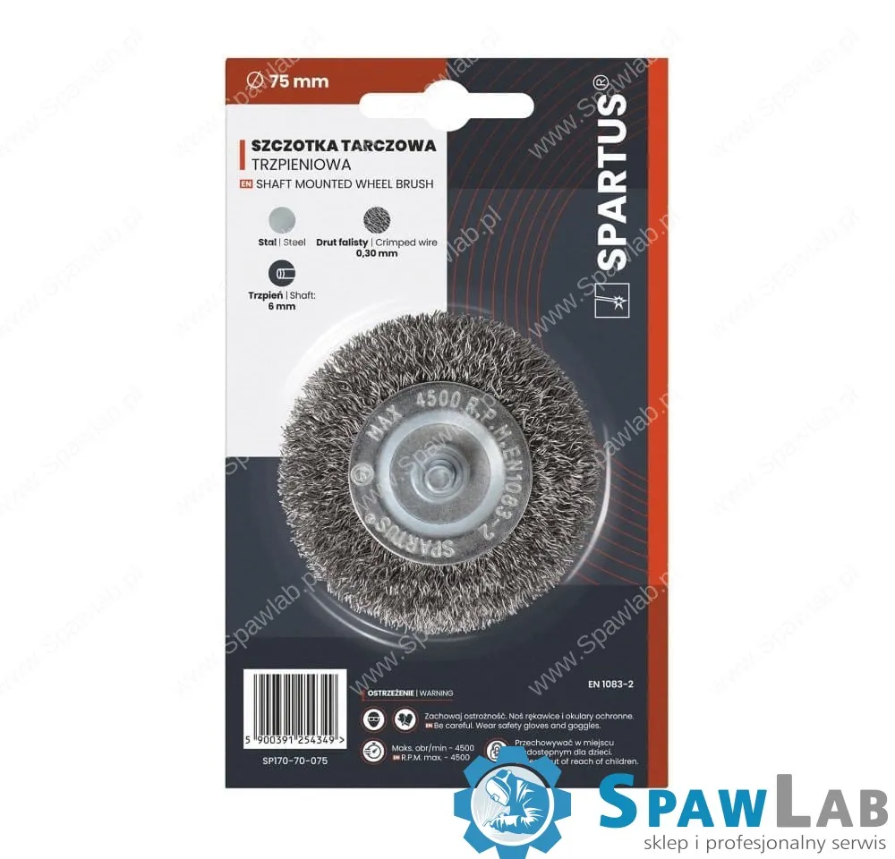 Spartus Szczotka tarczowa fi 75mm trzpieniowa, drut stalowy falisty 0,3mm, trzpień 6mm