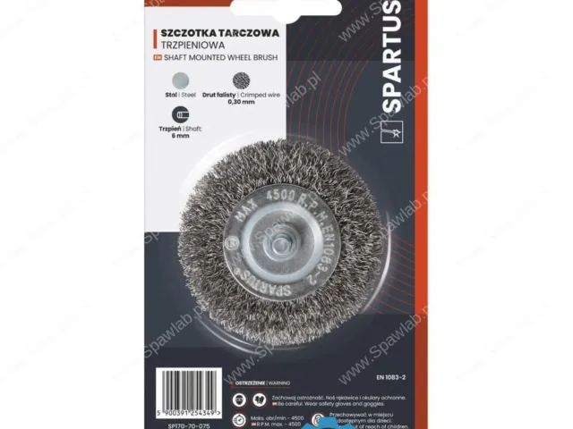 Spartus Szczotka tarczowa fi 75mm trzpieniowa, drut stalowy falisty 0,3mm, trzpień 6mm