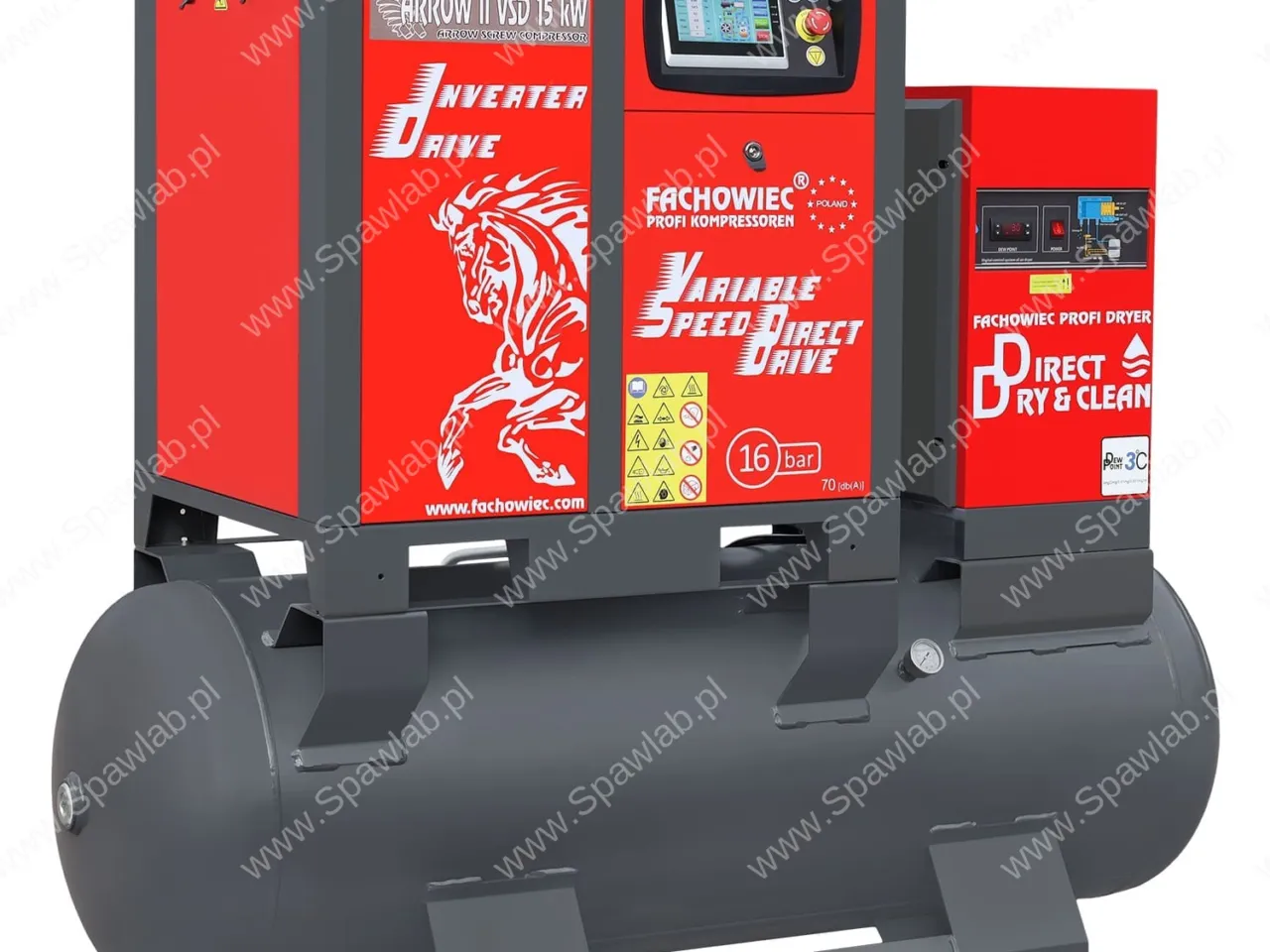 Sprężarka śrubowa ARROW II VSD 15 kW/500 710-1100 l/min. 16 Bar zestaw na zbiorniku poziomym 500L+ osuszacz + filtry ISO 8573-1 1:4:1