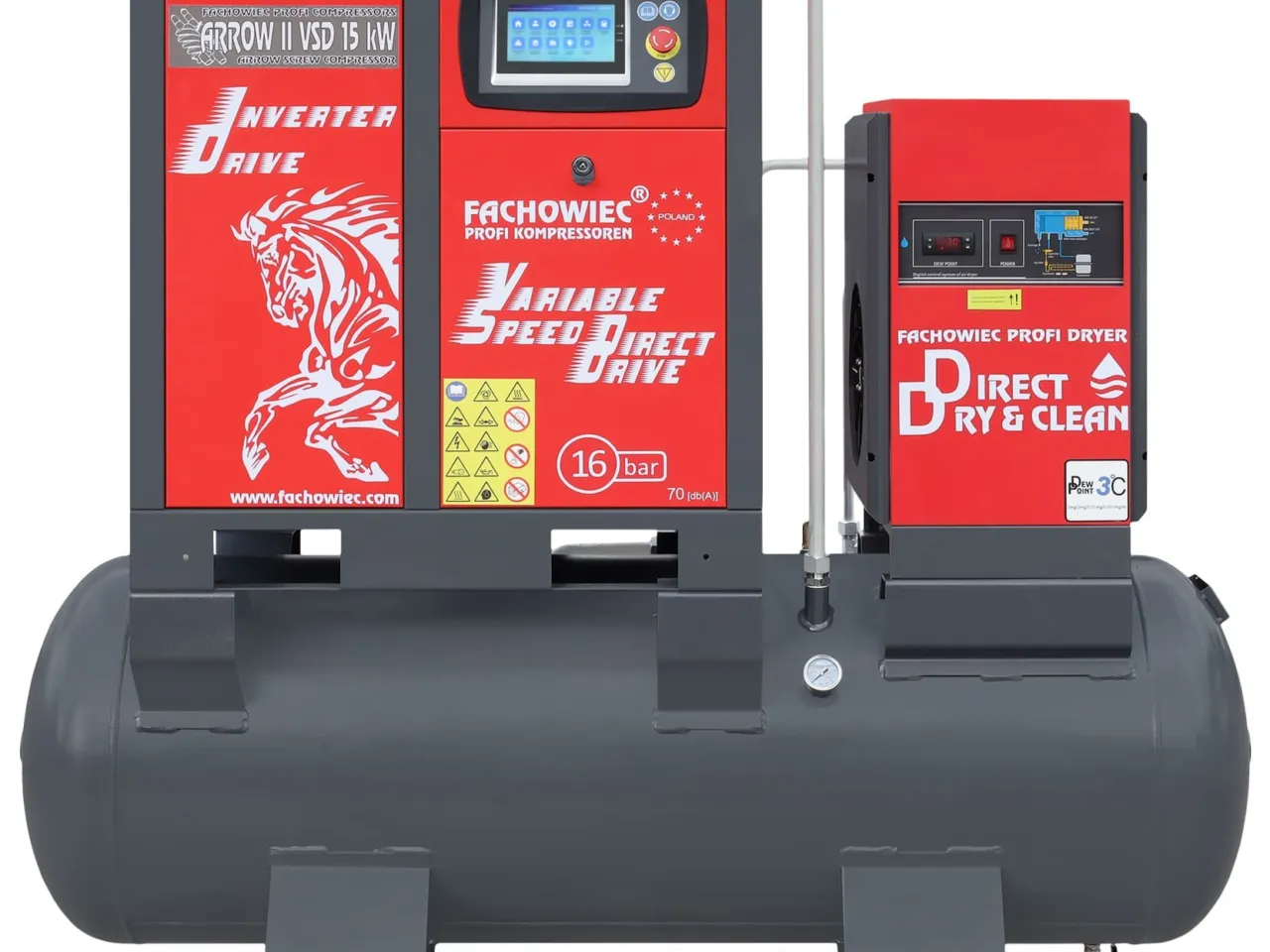 Sprężarka śrubowa ARROW II VSD 15 kW/500 710-1100 l/min. 16 Bar zestaw na zbiorniku poziomym 500L+ osuszacz + filtry ISO 8573-1 1:4:1, zdjęcie 2