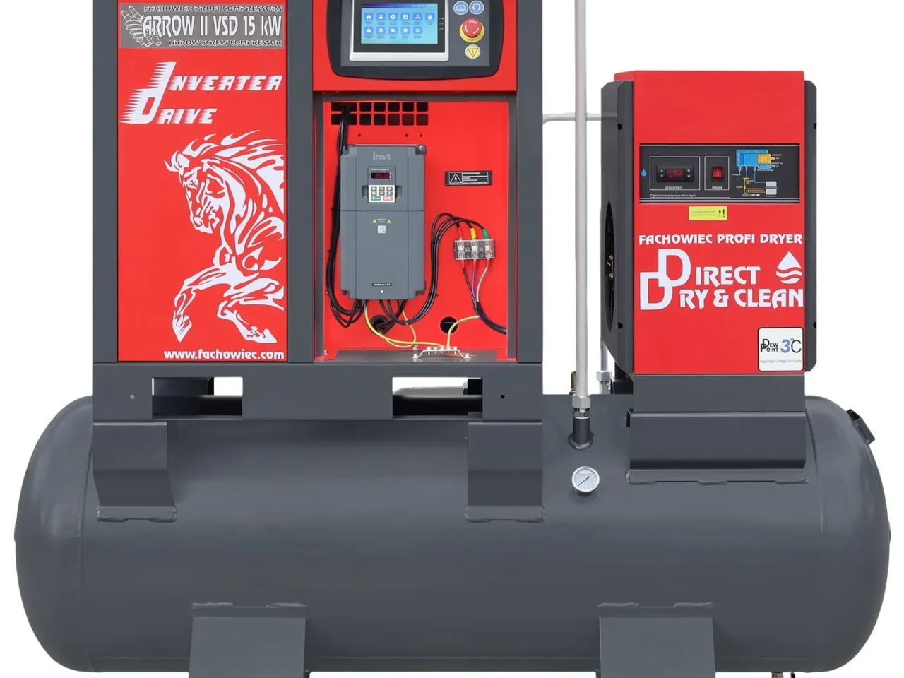 Sprężarka śrubowa ARROW II VSD 15 kW/500 710-1100 l/min. 16 Bar zestaw na zbiorniku poziomym 500L+ osuszacz + filtry ISO 8573-1 1:4:1, zdjęcie 4