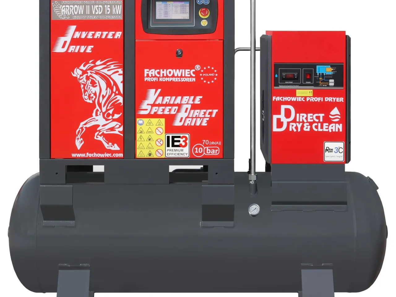 Sprężarka śrubowa ARROW II VSD 15 kW/500 720-1800 l/min. 10 Bar zestaw na zbiorniku poziomym 500L + osuszacz + filtry ISO 8573-1 1:4:1, zdjęcie 2