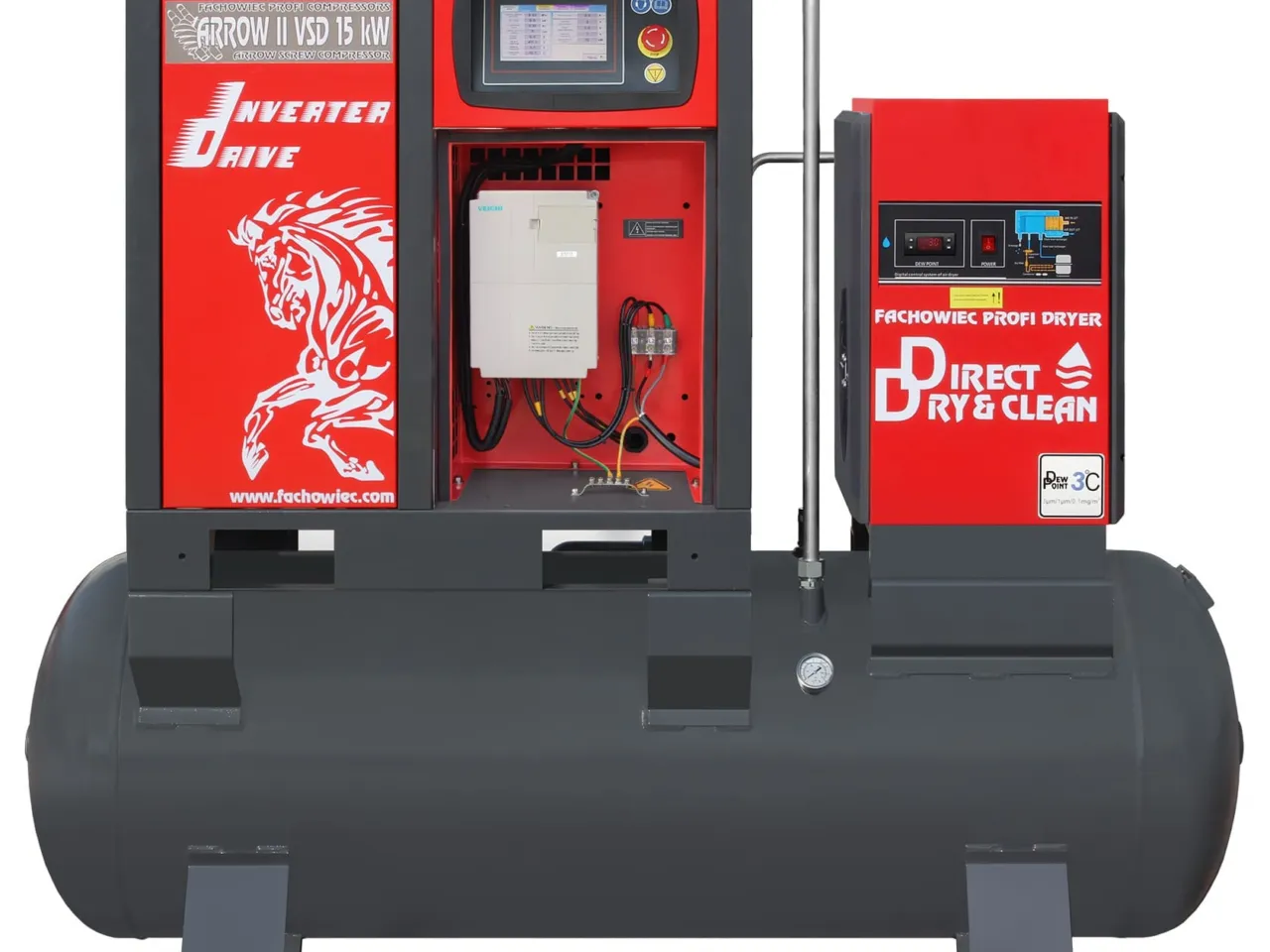 Sprężarka śrubowa ARROW II VSD 15 kW/500 720-1800 l/min. 10 Bar zestaw na zbiorniku poziomym 500L + osuszacz + filtry ISO 8573-1 1:4:1, zdjęcie 4